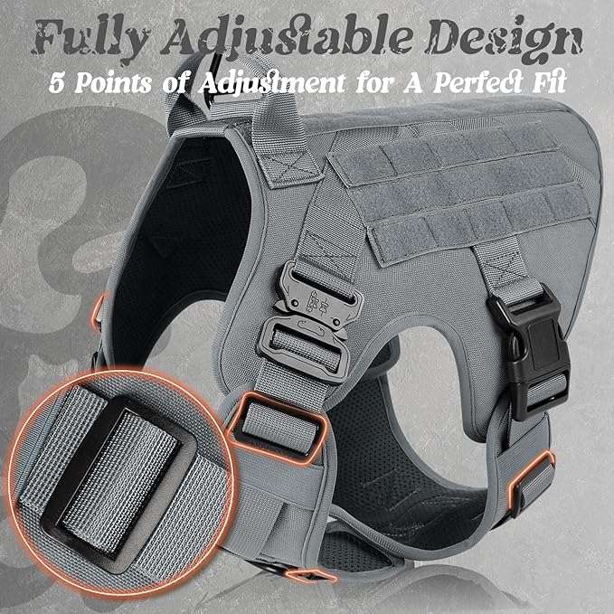 rabbitgoo Tactical Dog Harness Medium Sized, Heavy Duty Pet Harness with Handle, No-Pull Service Vest Medium Breed, Adjustable Military Dog Vest for Training Hunting Walking, Grey, M