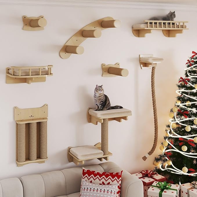 BYBYME Cat Climbing Wall Set Made of Natural Wood, 8 Pcs Sturdy Furniture with Scratching Posts, Kitten Platform, 100CM Sisal Rope and Cat Bed for Cats Sleeping, Playing, and Lounging（Natural Wood）