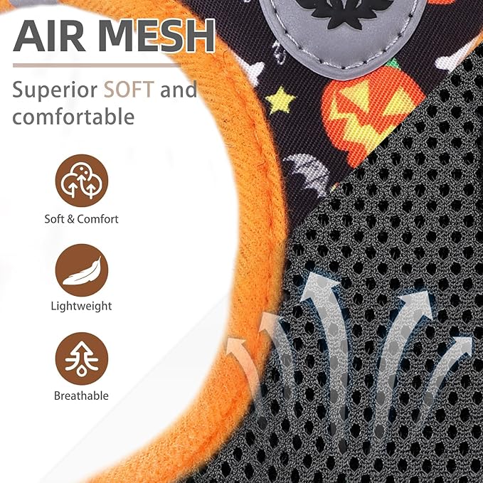 PUPTECK Adjustable Dog Harness Collar and Leash Set Step in No Pull Pet Harness for Small Medium Dogs Puppy and Cats Outdoor Walking Running, Soft Mesh Padded Reflective Vest Harnesses, Halloween, XS