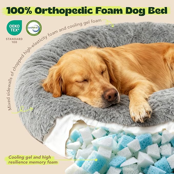 Calming Donut Pet Bed with Extra Large Thick Orthopedic Foam Cooling Gel Dog Bed XXL Waterproof Cover with Removable Washable,Giant Plush Comfort Couch for Anxiety Old Fluffy Friends Joints,Grey