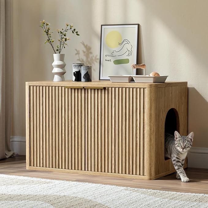 Evermagin 31.5" Oak Cat Litter Box Enclosure Furniture, Large Hidden Litter Box Cabinet, Entry Can Install Left/Right, Mid Century Modern Fluted Kitty End Table for Living Room, Entryway, Bedroom