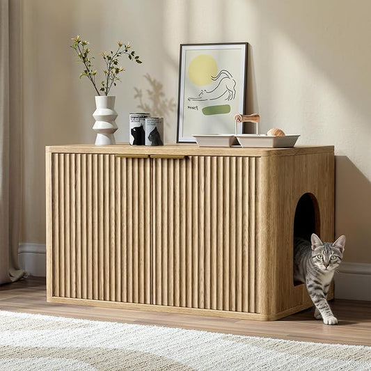 Evermagin 31.5" Oak Cat Litter Box Enclosure Furniture, Large Hidden Litter Box Cabinet, Entry Can Install Left/Right, Mid Century Modern Fluted Kitty End Table for Living Room, Entryway, Bedroom