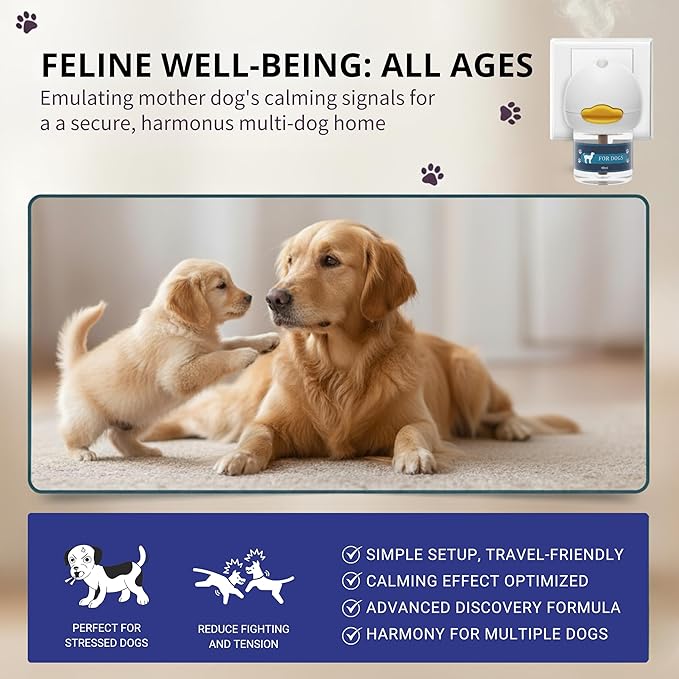 Dog Calming Pheromone Diffuser Kit | Natural Anxiety & Stress Relief for Dogs | Reduces Barking, Chewing & Restlessness | Covers Up to 700 sq ft – Vet Recommended | 60-Day Plug-In Refill Included