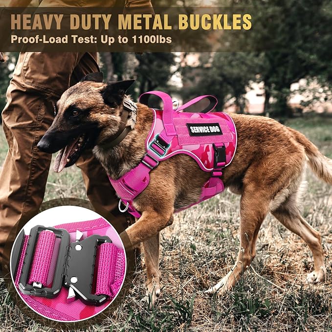 WINSEE Tactical Dog Harness for Medium Dog, Heavy Duty Service Working MOLLE Vest with 10 Pet Patches, 2X Metal Buckle Vest for Training Hunting Walking