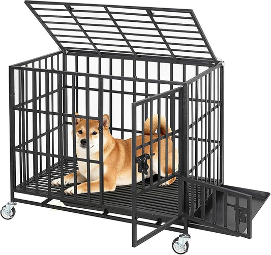 Garvee 36 Inch Heavy Duty Dog Crate, Metal Escape Proof Dog Kennel Indoor with 3 Doors, Removable Tray, Large Dog Cage with Wheels for Large and Medium Dogs, Black
