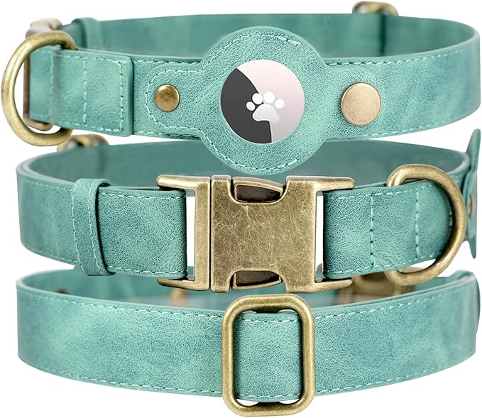 AirTag Dog Collar for Large Dogs - Soft Leather Dog Collar with Apple AirTag Holder and Metal Buckle - Smart Tracker GPS Apple Air Tag Pet Collars (Green, L)