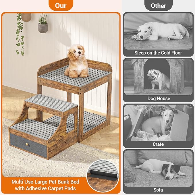 Cyclysio Super Large Multi-Level Pet Bunk Bed with Stairs, Rustic Platform Seat for Cats, Home Indoor Use, Large Size, Includes Mats and Drawers