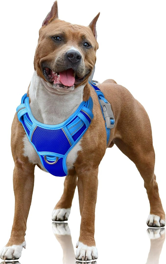 BARKBAY No Pull Dog Harness Large Reflective Dog Harness with Front Clip and Easy Control Handle for Walking Training Running with ID tag Pocket(Sapphire Blue & Blue,L)