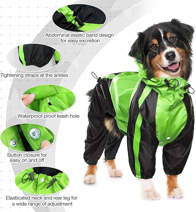 Dog Raincoat, Lightweight Rain Jacket, Adjustable 4 Legs Pet Poncho with Hood, Snow-Proof Dog Vest Rainwear, Rain Clothes Apparel with Leash Hole
