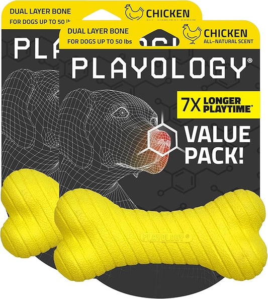 Playology Dog Toys | Dual Layer Bone Durable Chew Toy Bone for Dogs (Value 2-Pack) | Medium Chicken Scented Toy - Easy to Clean and Made from Non Toxic Materials