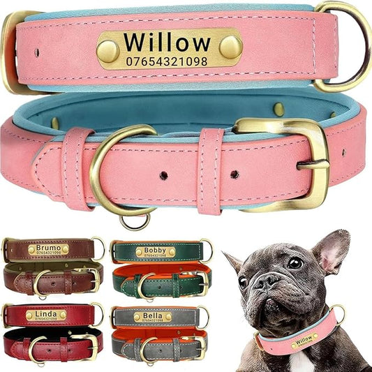 Leather Dog Collar Personalised and Leash Set, Personalized with Soft Padded Design Heavy Duty Featuring Custom Engraved Name Plate for Small Medium and Large Dogs