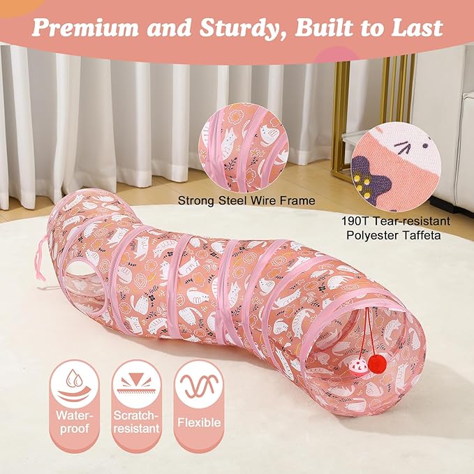 Pawaboo Cat Tunnel, S-Shaped Cat Tube Tunnel 25 * 97cm(9.8''*38.2'') with Balls and Bells, Collapsible Portable Kitten Play Tent Toy Interactive Cats House with Peep Holes for Kitty, Pink Kitties