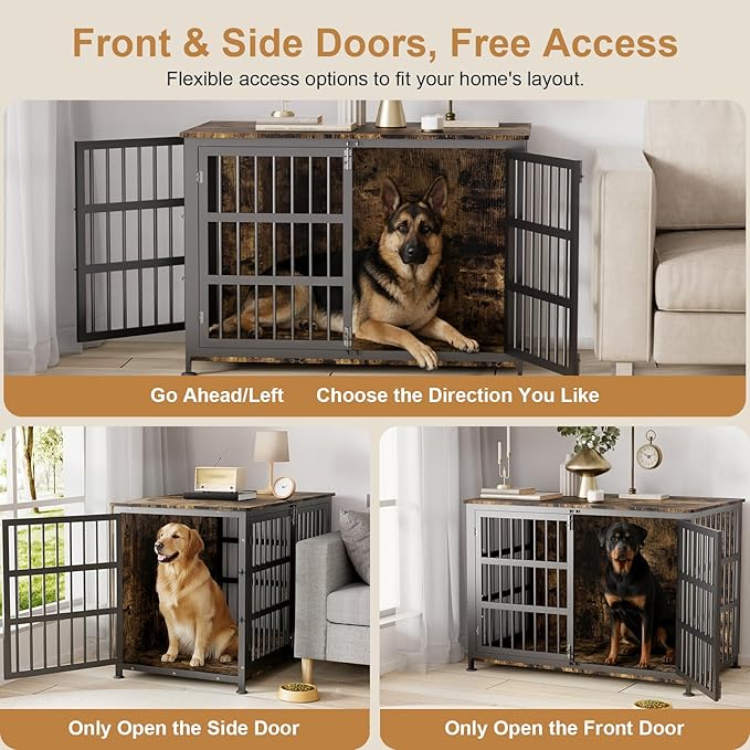 46" Dog Crate Furniture with Wheels, XXL Heavy Duty Dog Kennel Indoor for XL Dogs, Metal Chew-Proof Dog Cage, 45.9" L x 27.6" W x 32.4" H, Decorate House as TV Stand, End Table — Rustic Brown
