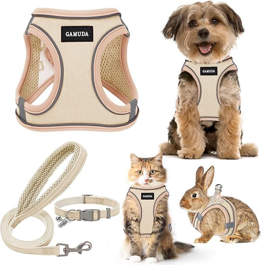 GAMUDA Small Pet Harness Collar and Leash Set, Step in No Chock No Pull Linen Fabric Soft Mesh Dog Vest Harnesses Reflective for Dogs Puppy Cats Kitten Rabbit (Khaki, XXS)