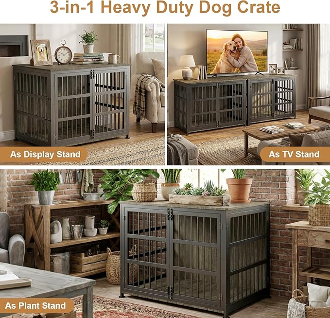 42" Furniture Style Large Dog Crate with Wheels, Metal Chew-Resistant Dog Kennel Indoor for Large & Medium Dogs, 41.9" W x 28.3" D x 31.7" H, Decorate House as TV Stand, End Table — Grey