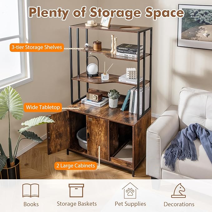 PETSITE Cat Litter Box Furniture with 3 Shelves and Doors, 61 inch Tall Cat Box Enclosure with Display Shelves, Scratching Pad, Indoor Hidden Litter Box with Decorative Storage Shelving (Rustic Brown)
