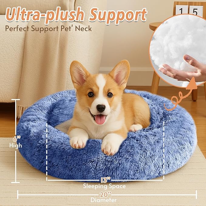 JOLLYVOGUE Calming Small Dog & Cat Bed for Indoor Cats - 20 inches Washable Donut Bed for Kittens & Puppies, Anti-Anxiety Round Fluffy Plush Pet Beds (Fits up to 15 lbs, Navy Blue)