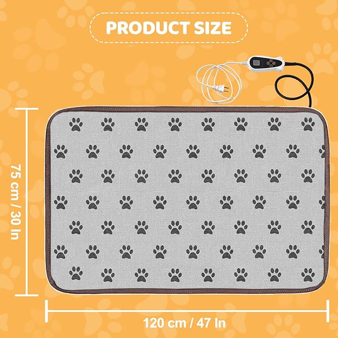 Pet Heating Pad for Cats Dogs with Timer Temperature Adjustable, Electric Heating Mat Indoor, Adjustable Warming Mat, Waterproof Heated Bed with Chew Resistant Steel Cord，Pet Heated Mat
