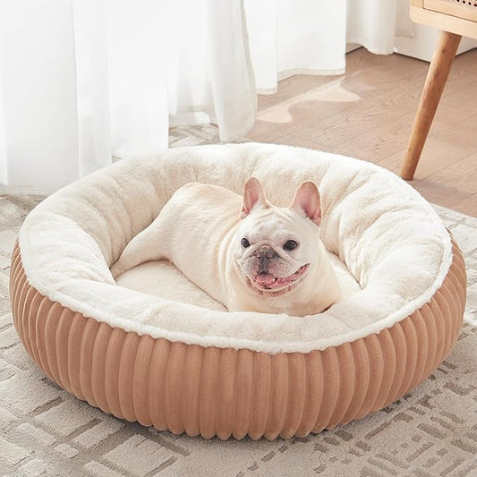 30 inches Donut Dog Bed for Medium Dogs,Calming Round Pet Bed with Removable Cover,Washable Milk Plush Faux Fur, Fits Pets up to 30 lbs(Brown,Medium)