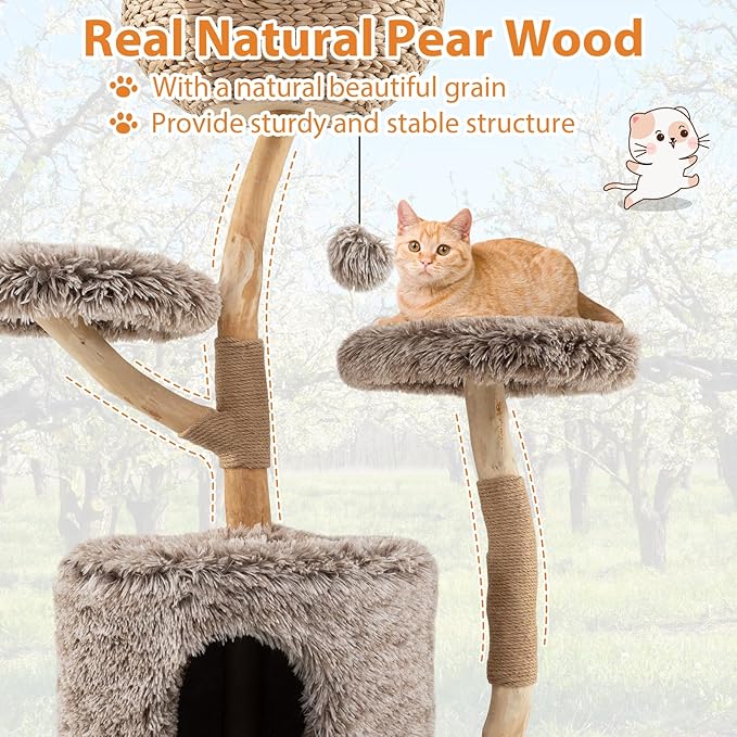 Tangkula Solid Wood Cat Tree, Multi-Level Cat Tower with Well-Woven Cattail Basket, Luxury Condo, Scratching Posts, Dangling Ball, Soft Long Plush Fabric, Modern Boho Cat Tree for Indoor Kittens