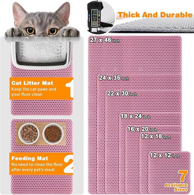 Waterproof Cat Litter Mat, Double Layer EVA, Odor-Free Large Grid, Urine Proof, Easy Cleanup 24 x 35, Pink