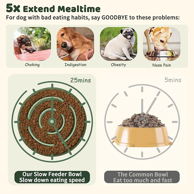 Elevated Slow Feeder Dog Bowl - Puzzle Maze Dish with Bamboo Stand - Raised Ceramic Food Bowl for Medium and Large Dogs - Green - 8.8 inch