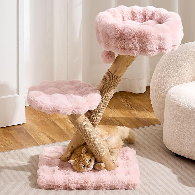 Solid Wood Cat Tree, Modern Cat Tree Tower for Large Indoor Cats, Natural Real Pear Wooden Aesthetic Cat Condo with Scratching Post for Adult Kittens-Pink