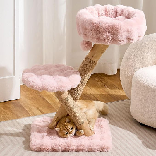 Solid Wood Cat Tree, Modern Cat Tree Tower for Large Indoor Cats, Natural Real Pear Wooden Aesthetic Cat Condo with Scratching Post for Adult Kittens-Pink