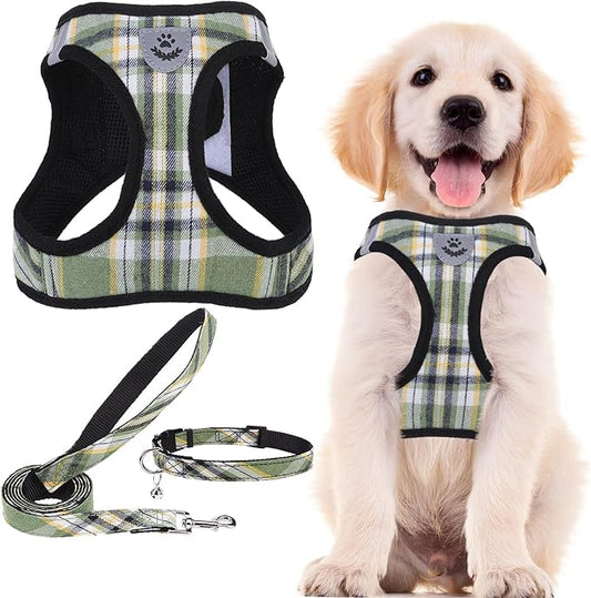 PUPTECK Adjustable Dog Harness Collar and Leash Set Step in No Pull Pet Harness for Small Medium Dogs Puppy and Cats Outdoor Walking Running, Soft Mesh Padded Reflective Vest Harnesses, Grn&YLW, S