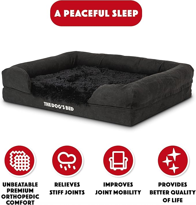 The Dog’s Bed, Medium Black Faux Fur, Memory Foam, Pain Relief: Arthritis, Hip & Elbow Dysplasia, Post Surgery, Lameness, Supportive, Calming, Washable Cover, Veterinary Approved