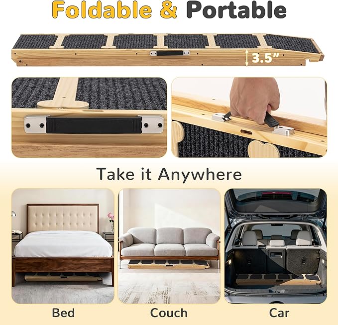 AQUILLA 60.9" Brown Wooden Dog Ramp for Bed, Couch & Car, 5-Level Adjustable Pet Ramp with Plush Anti-Slip Surface, Removable Rails, Angle Lock, Folding Dog Ramp for Small & Senior Pets, 200 lbs