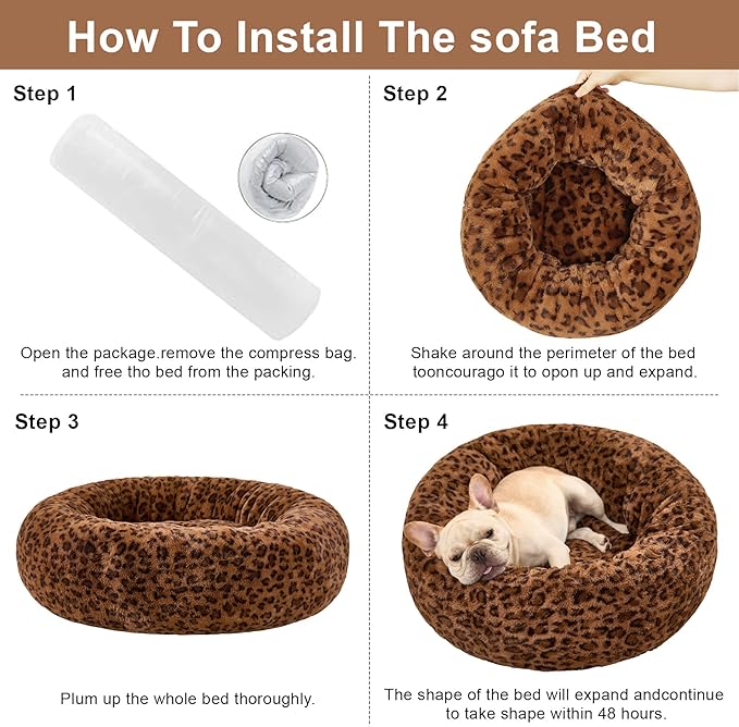 Dog Calming Beds for Small Medium Large Dogs - Round Donut Washable Puppy Dog Bed, Anti-Slip Faux Fur Fluffy Donut Cuddle Anxiety Cat Pet Bed (24" Leopard Print)