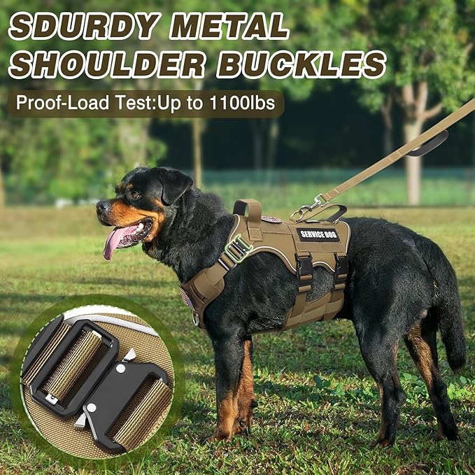 Tactical Service Dog Vest Harness and Leash Set,Heavy Duty Dog Harness with Metal Buckles for Medium Sized Dogs,Adjustable No Pull Pet Vest with Patches for Training Working Hiking,Brown M