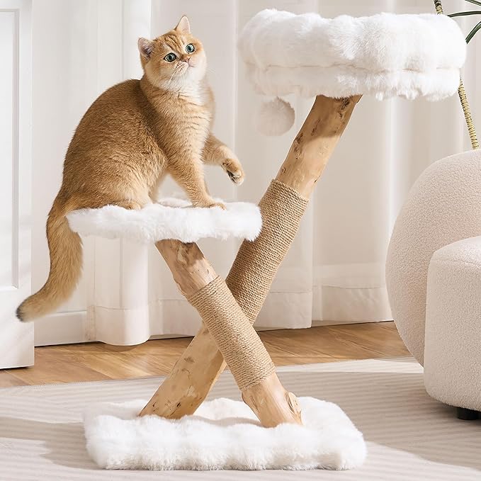 Solid Wood Cat Tree, Modern Cat Tree Tower for Large Indoor Cats, Natural Real Pear Wooden Aesthetic Cat Condo with Scratching Post for Adult Kittens-White