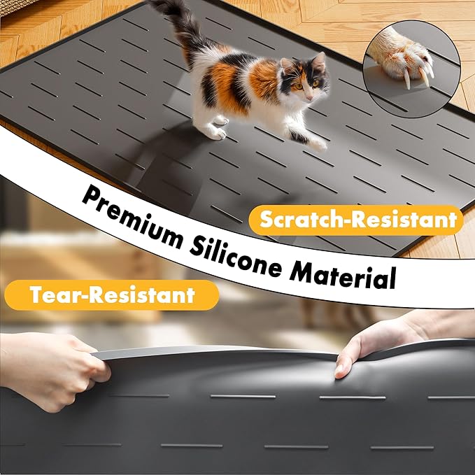 Pieviev Silicone Cat Litter Trapping Mat, 34''x22'' Large Cat Litter Mat, Easy to Clean & Soft on Kitty Paws, Waterproof Kitty Litter Pads for Indoor Cats, Dark Grey