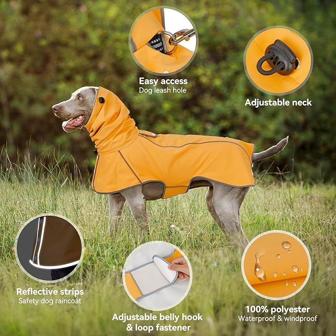 Reflective Dog Raincoat, Windproof & Waterproof Dog Rain Jacket, Adjustable Hooded Pet Poncho with Leash Hole for Small, Medium, Large Dogs(S-2XL) (Yellow, Small)
