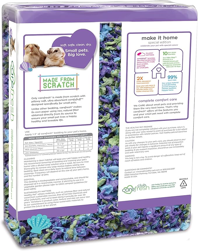 Carefresh 99% Dust-Free Sea Glass Natural Paper Small Pet Bedding with Superior 10 Day Odor Control & Absorption, for Guinea Pigs, Hamsters, Rabbits, & Rats, 60 L