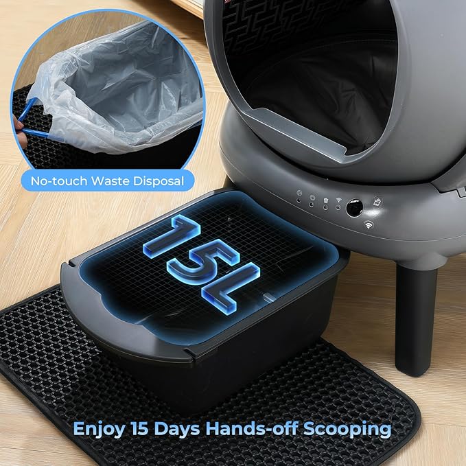 Self Cleaning Litter Box for Cats, Automatic Cat Litter Box with Smart APP Control and Health Monitoring, Includes 2 Roll Trash Bag & Litter Mat, Grey