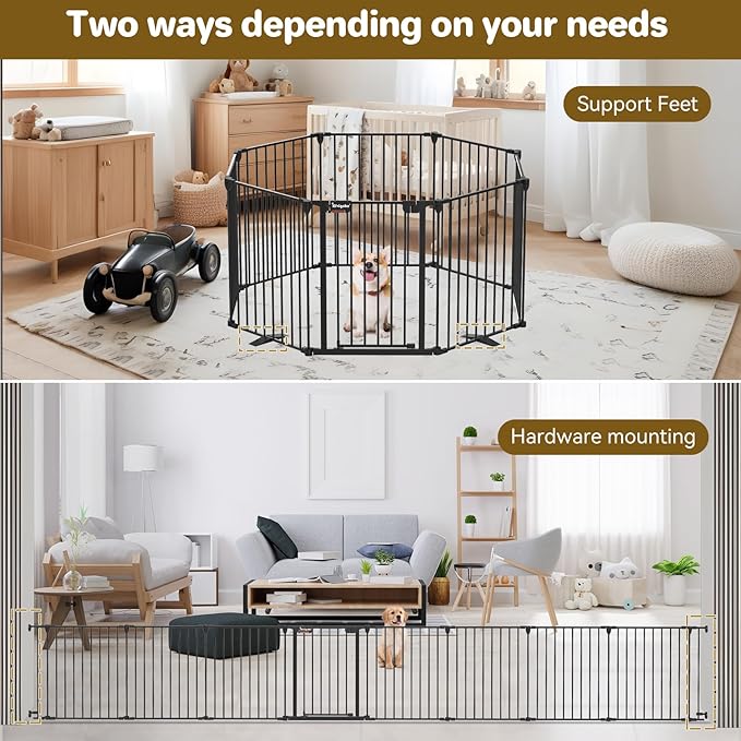 Dog Gate 27.5"-199" Extra-Wide Playpen, Freestanding Pet Gate, Puppy Fence with Auto-Close Door, Double Locking System for Fireplace, Foldable (Black, 8 Panels)