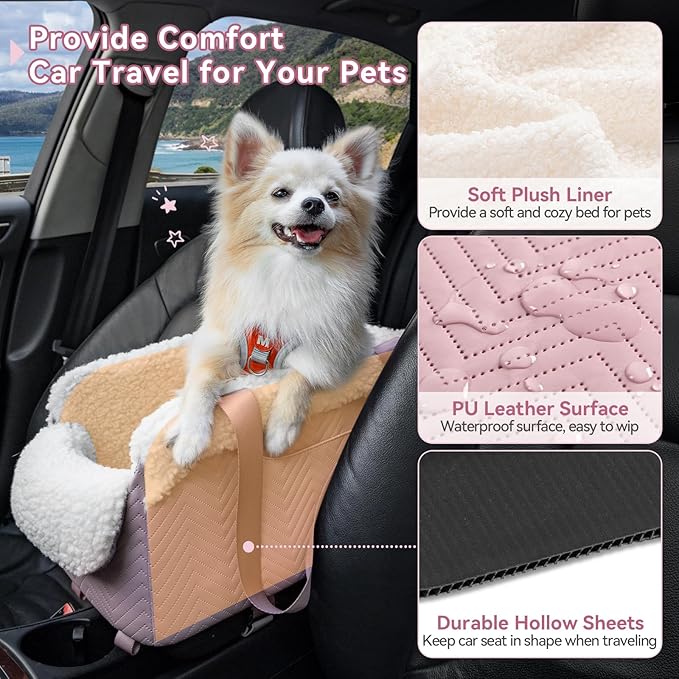 PETSFIT Cat Car Seat, Portable Console Dog Car Seat with Safe Protective Hooks, Luxury Pet Car Seat Includes Safety Leash and Storage Pocket for Pets Up to 9 lbs (Pink)