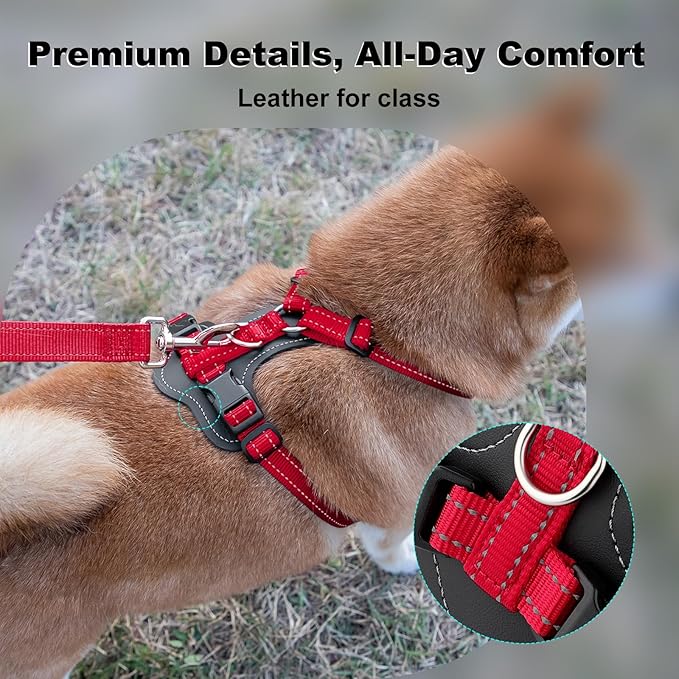 Plutus Pet Adjustable No Pull Dog Harness with Leather Accents, Heavy Duty Reflective Nylon Vest for Training, Hiking, Easy Walk Harness for Small, Medium, Large Dogs (Red, L)