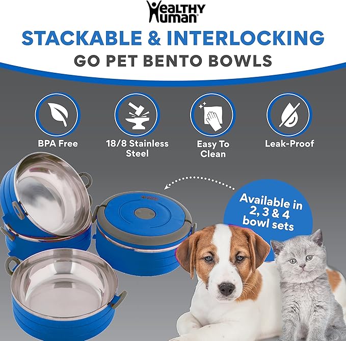 Healthy Human Travel Pet Bento Bowls - Human-Grade Stainless Steel & BPA-Free, Leak-Proof Water & Food Container Set for Dogs & Cats, 2-Pack Interlocking Bowls, Includes Spare Clips & Handle (Blue)