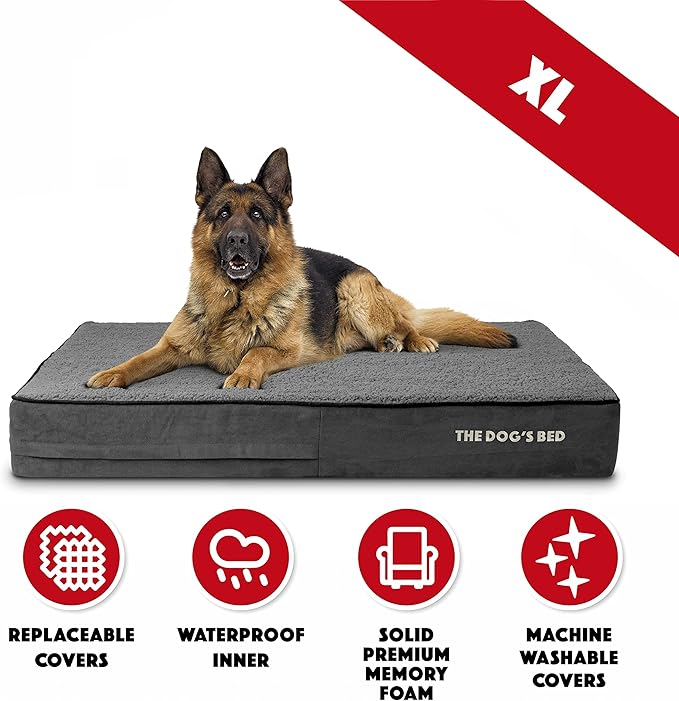The Dog’s Bed Orthopedic Memory Foam Dog Bed, XL Grey Plush, Pain Relief for Arthritis, Hip & Elbow Dysplasia Post Surgery, Lameness, Supportive Calming, Waterproof Washable Cover, Veterinary Approved