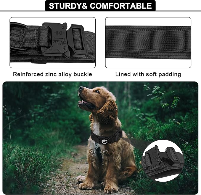 Tactical AirTag Dog Collar Leash Set - Heavy Duty, Adjustable GPS Collar Compatible with Apple AirTag, with Holder & Control Handle for Medium/Large Dogs [ Black, L ]