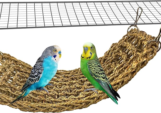 SIMENA Seagrass Mat for Birds, Natural Grass Woven Bird Net Hammock, Climbing Rope Ladder, Chew Toys for Parrots Lovebirds Cockatiels Conures Budgies, Cockatoos (Small)