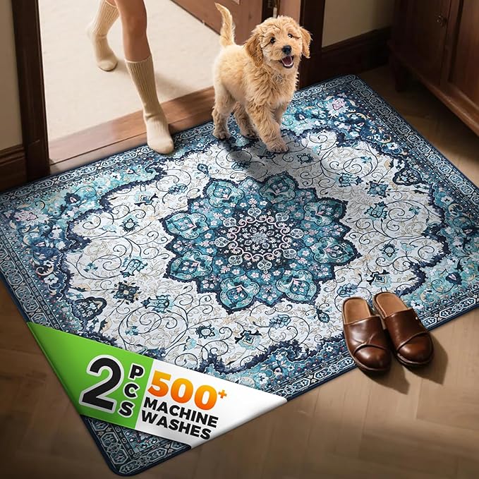 Hompet 2 Pack Super Absorbent Dog Door Mat for Muddy Paws, Washable Pee Pads for Dogs, Reusable Puppy Training Pads, Quick Dry Non-Slip Pet Entryway Rug, Leak-Proof Potty Pad for Indoor Floors 48x72