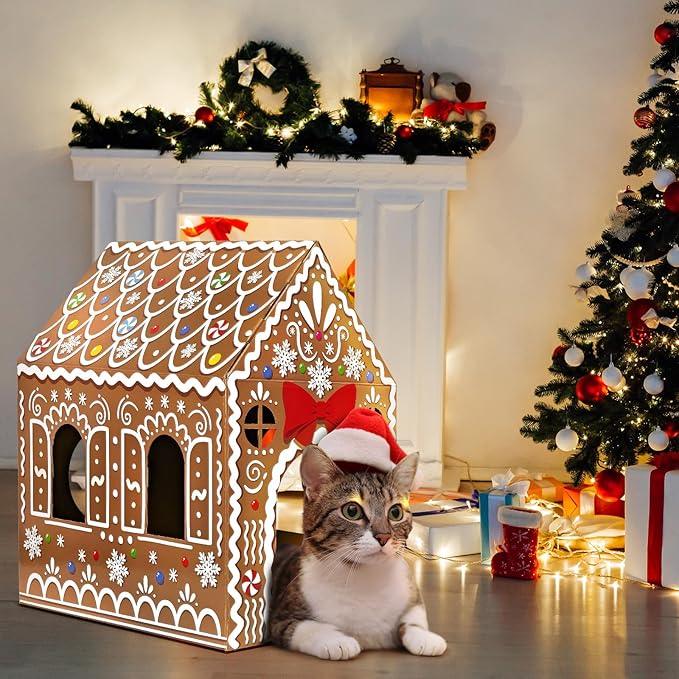 Cinrobiye Christmas Cardboard Cat House with Scratcher Pet Gingerbread Board Bed Cave Playhouse Hideaway Hideout Condo Decor Small Animals Scratch Box for Indoor Cats Kittens Rabbits Bunny (Brown, 1)