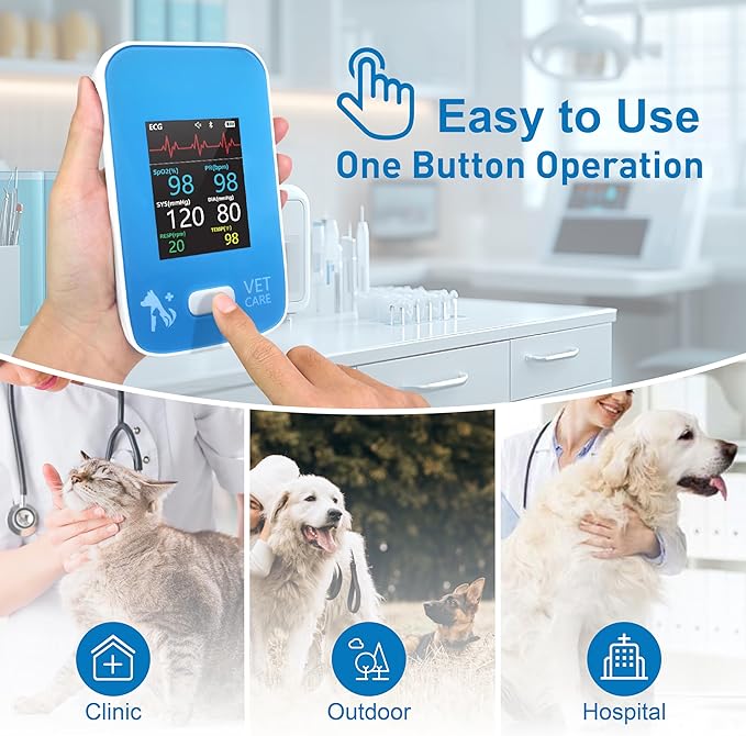 Veterinary Blood Pressure Monitor for Dog,Wireless Rechargeable 6 Parameters Animal Vital Signs Monitor,Accurate Bluetooth Veterinary Pulse Oximeter with Free APP for Family Clinic Use