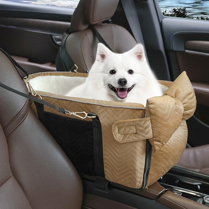 Dog Car Seat for Small Dogs Adjustable Portable Center Console Dog Car Seat Removable Cat Booster Cars Seats - Safety Belt with Cushion Anti-Collapse for Puppy Kitten Up to 15 Lbs