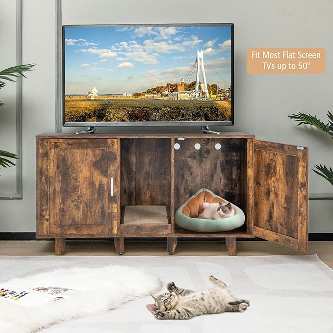 Tangkula Double Cat Litter Box Enclosure for 2 Cats, Large Stackable Hidden Privacy Washroom Cabinet, Indoor House TV Stand With Scratching Board, Litter Box Furniture (Rustic Brown)